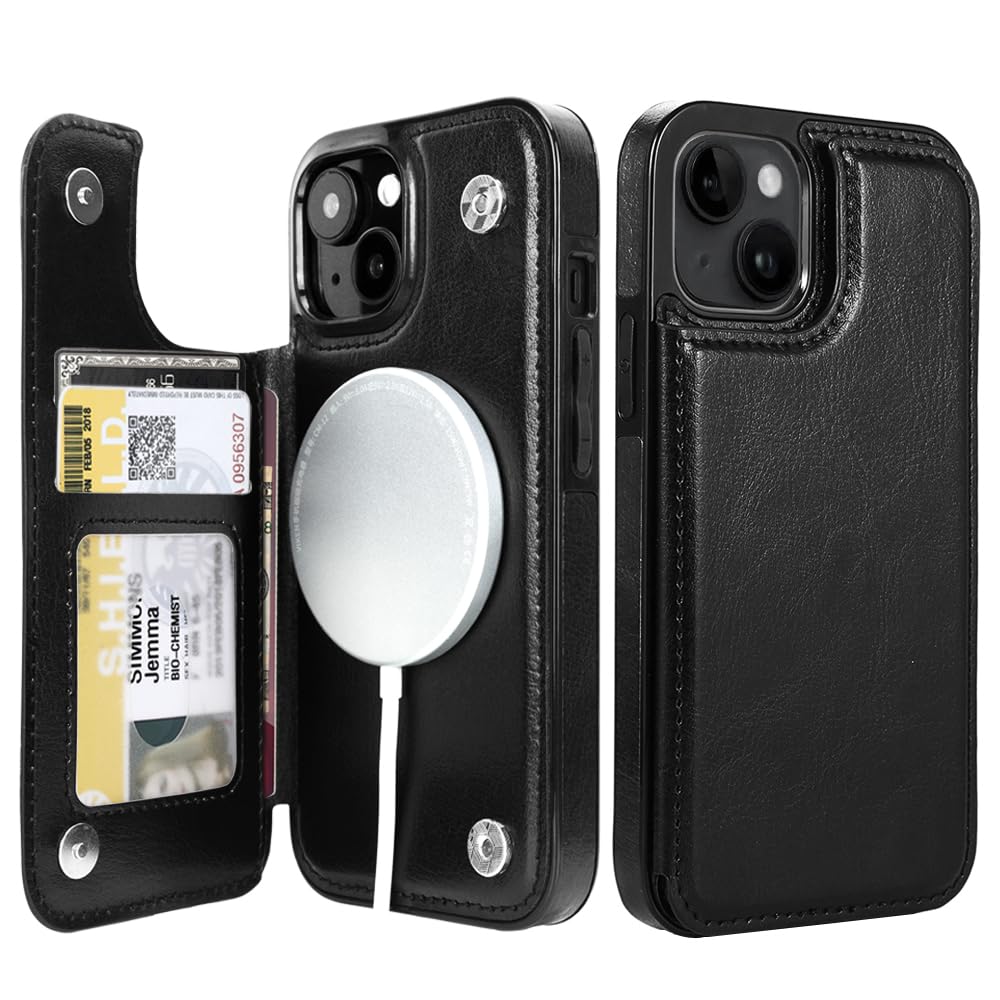 uCOLOR for iPhone 13/14/15 Wallet Case with Card Holder Slot【Compatible with MagSafe】 Folio Flip Leather RFID Blocking Design 6.1 inch (Black)