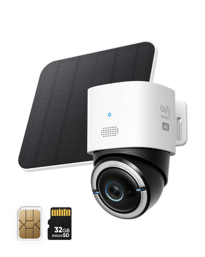 eufy Security 4G LTE Cam S330 4K Cellular Wireless Security Camera Pan and Tilt Solar Powered AI Human/Vehicle Tracking with SIM Card and 32GB SD Card. (Renewed)