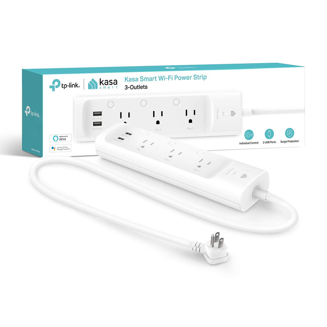 Kasa Smart Plug Power Strip KP303 Surge Protector with 3 Individually Controlled Smart Outlets and 2 USB Ports Works with Alexa &amp; Google Home No Hub Required  White
