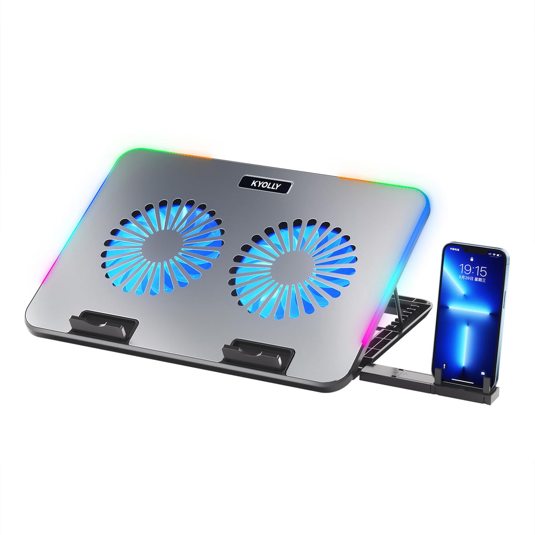 KYOLLY 2024 Upgarde Metal RGB Laptop Cooling Pad Gaming Laptop Cooler with 2 Large Fans Adjustable Fan Speed 7 Height Stand 10 Modes Light with Memory Function for 10-17.3 Inch Laptops…