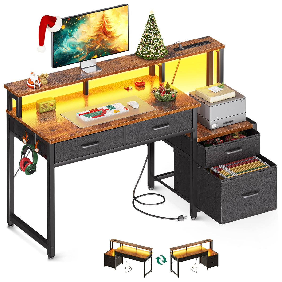AODK 48-Inch Computer Desk with Fabric File Cabinet and Fabric Drawers Reversible Office Desk with LED Strip and Power Strip Gaming Desk with Monitor Riser Writing/Study Table for Home Vintage
