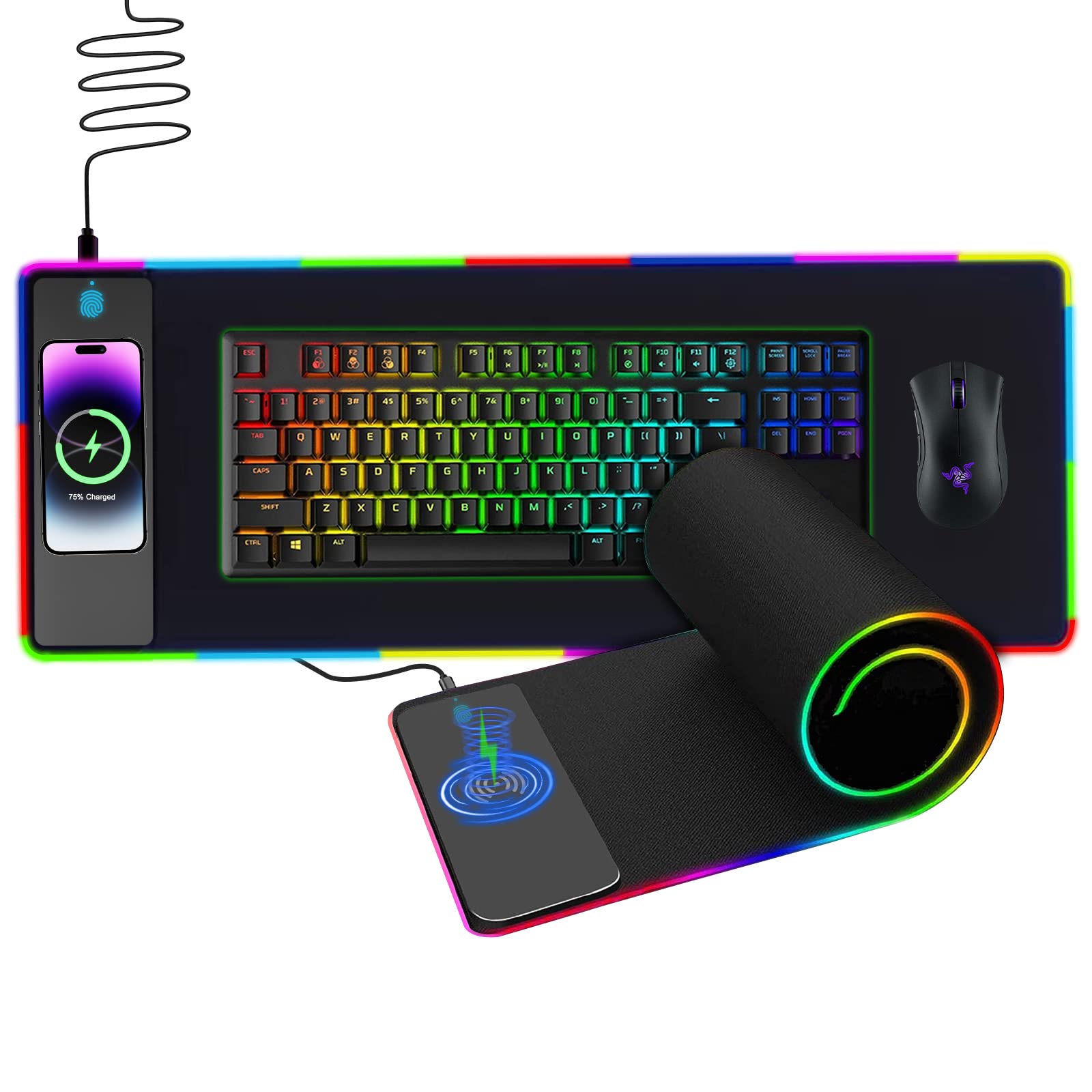 Wireless Charging RGB Mouse Pad - 12" x 35.5" Large Non-Slip Fast Wireless Charging Desk Mat with Gaming Mouse Pad 10 RGB Backlight Colors - Keyboard Mouse Pad Compatible with iPhone
