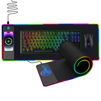 Wireless Charging RGB Mouse Pad - 12" x 35.5" Large Non-Slip Fast Wireless Charging Desk Mat with Gaming Mouse Pad 10 RGB Backlight Colors - Keyboard Mouse Pad Compatible with iPhone